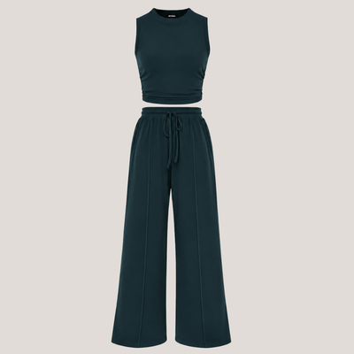 Ribbed Knit Crew Neck Sleeveless Cropped Top & Wide Leg Pants Lounge Set