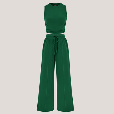 Ribbed Knit Crew Neck Sleeveless Cropped Top & Wide Leg Pants Lounge Set VIP