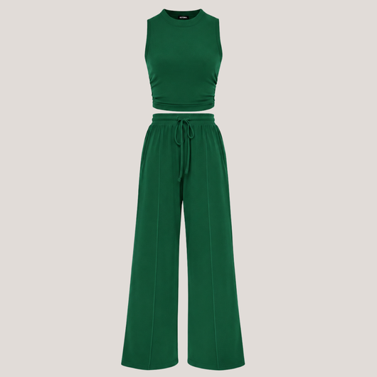 Ribbed Knit Crew Neck Sleeveless Cropped Top & Wide Leg Pants Lounge Set