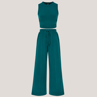 Ribbed Knit Crew Neck Sleeveless Cropped Top & Wide Leg Pants Lounge Set VIP