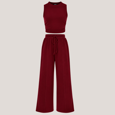 Ribbed Knit Crew Neck Sleeveless Cropped Top & Wide Leg Pants Lounge Set VIP