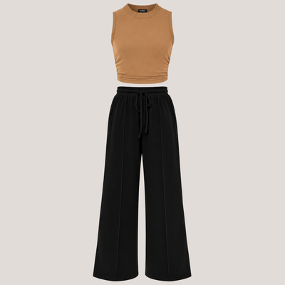 Ribbed Knit Crew Neck Sleeveless Cropped Top & Wide Leg Pants Lounge Set VIP