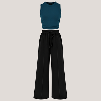 Ribbed Knit Crew Neck Sleeveless Cropped Top & Wide Leg Pants Lounge Set VIP