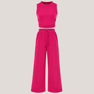 Ribbed Knit Crew Neck Sleeveless Cropped Top & Wide Leg Pants Lounge Set VIP