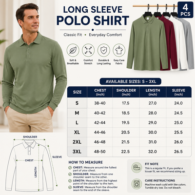 Mens Long Sleeve Golf Polo's 4 Pack