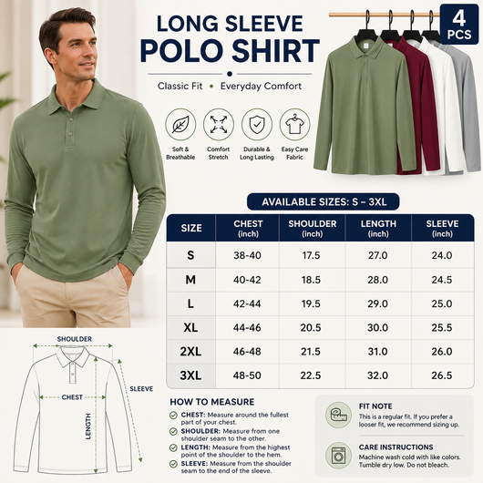 Mens Long Sleeve Golf Polo's 4 Pack