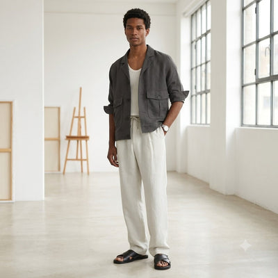 100% Linen Relaxed-Fit Drawstring Trousers