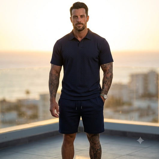 Men's Solid Polo Shirt & Drawstring Waist Shorts Set