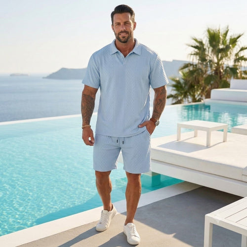 Men's Solid Polo Shirt & Drawstring Waist Shorts Set