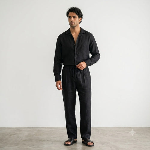 100% Linen Relaxed-Fit Drawstring Trousers
