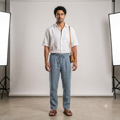 100% Linen Relaxed-Fit Drawstring Trousers