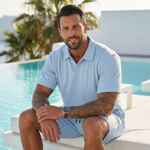 Men's Solid Polo Shirt & Drawstring Waist Shorts Set