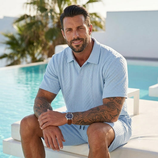 Men's Solid Polo Shirt & Drawstring Waist Shorts Set