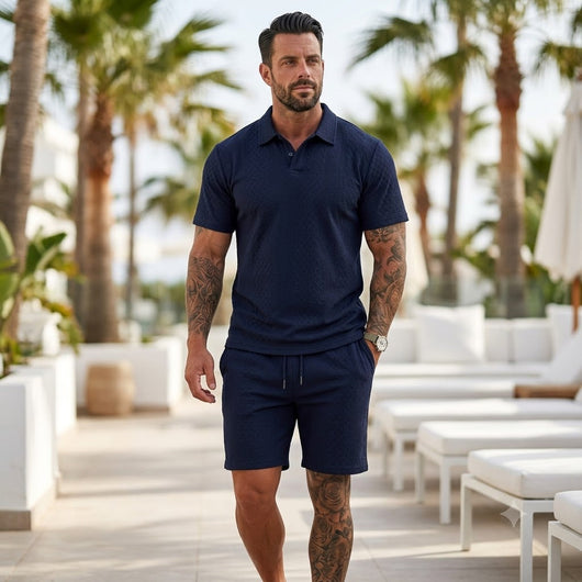 Men's Solid Polo Shirt & Drawstring Waist Shorts Set