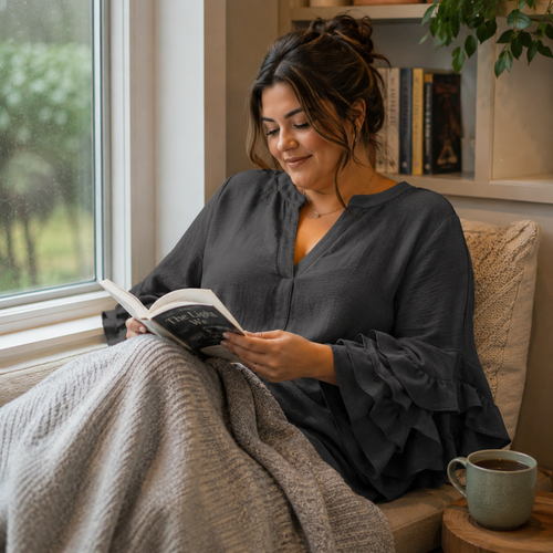 Plus Size Women's Ruffled Sleeve V-Neck Shirt